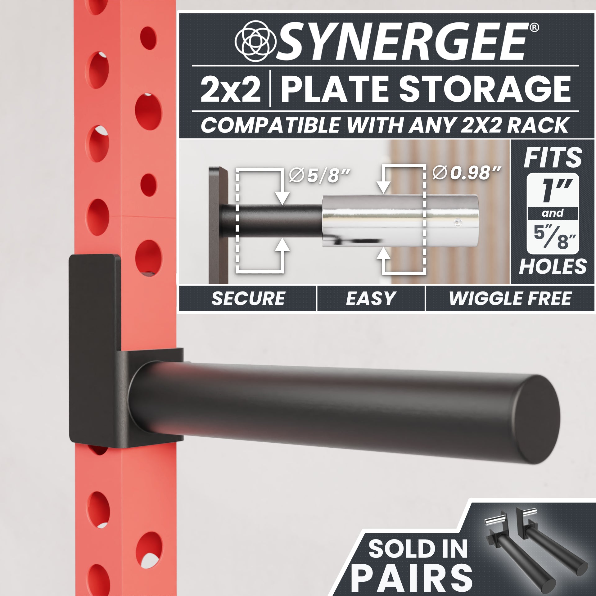 Synergee 2x2 plate storage attachment fits securely on any 2x2 rack, ensuring a wiggle-free experience.