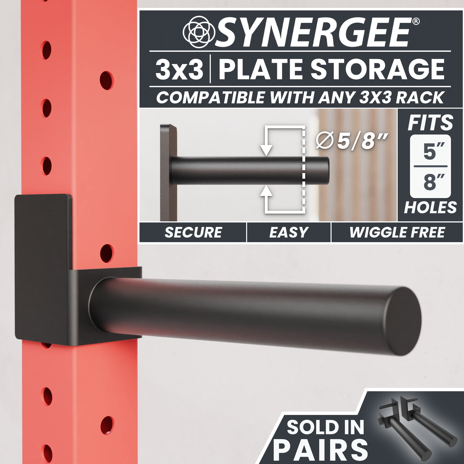 Synergee 3x3 plate storage fits 5-inch and 8-inch holes, designed for secure and easy use.