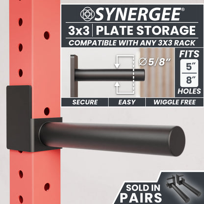 Synergee 3x3 plate storage fits 5-inch and 8-inch holes, designed for secure and easy use.