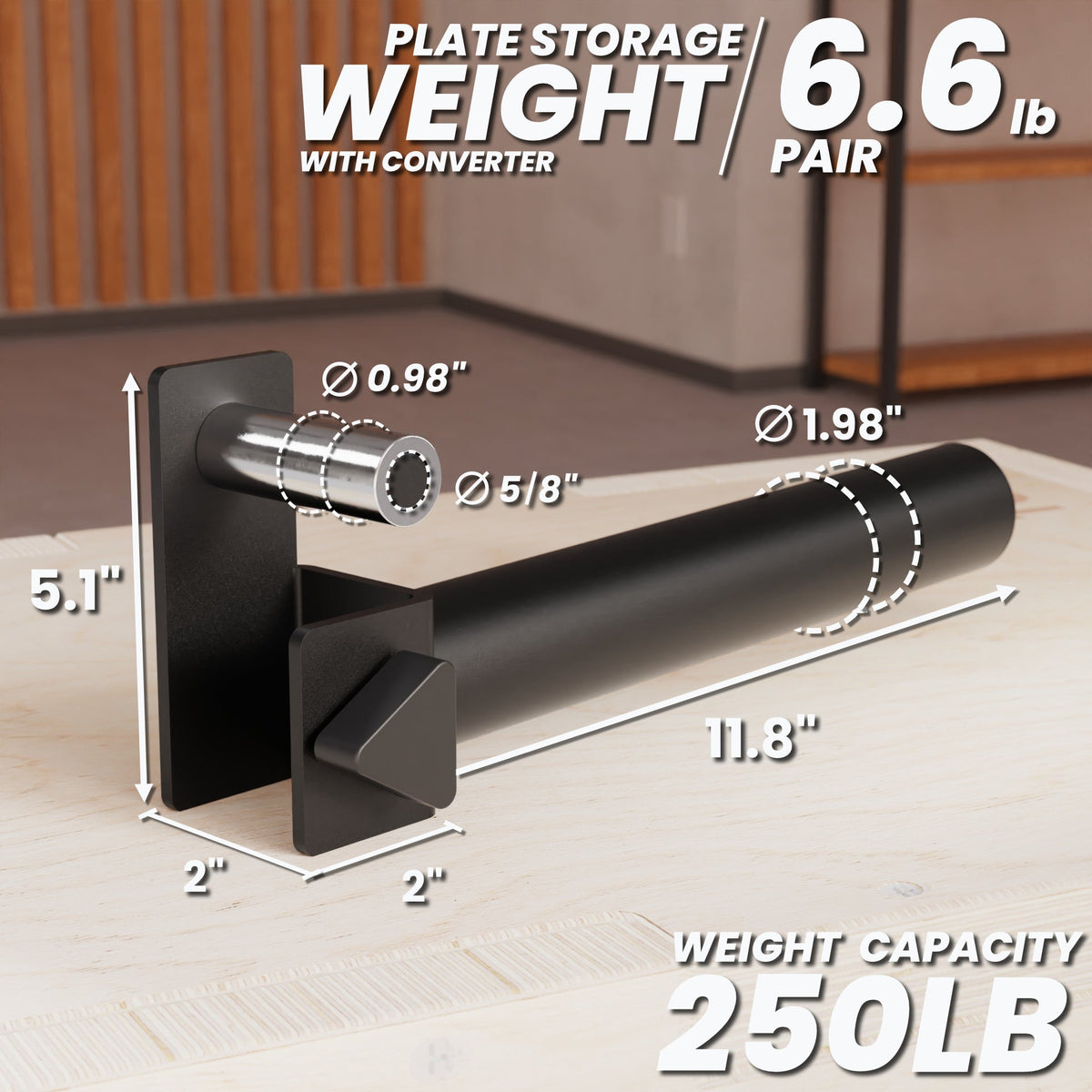 Plate Storage Weight with converter, 6.6 lb, designed for 250 lb capacity, featuring a sleek black finish.