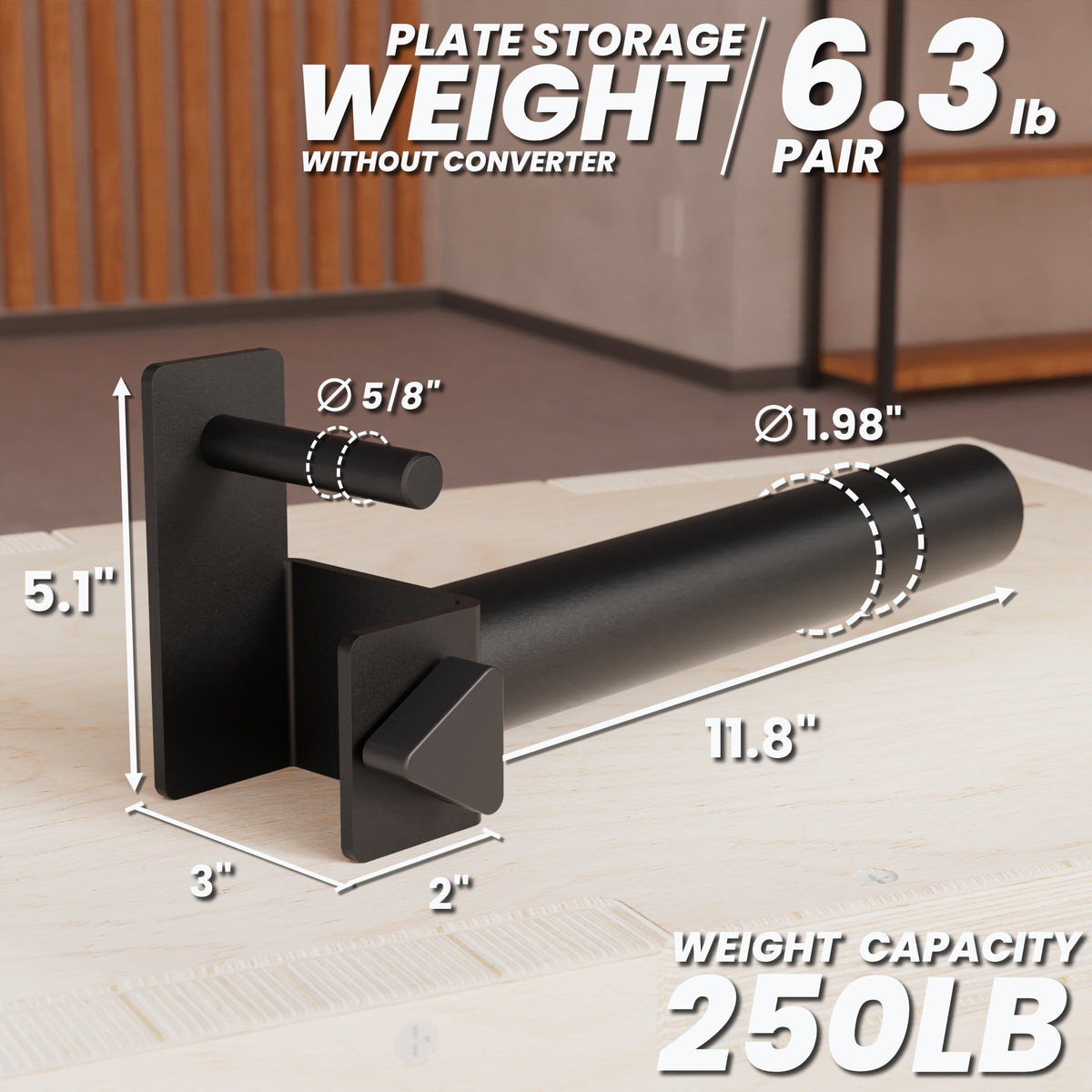 Plate Storage weight system with 250lb capacity, featuring a sleek black design and precise measurements.
