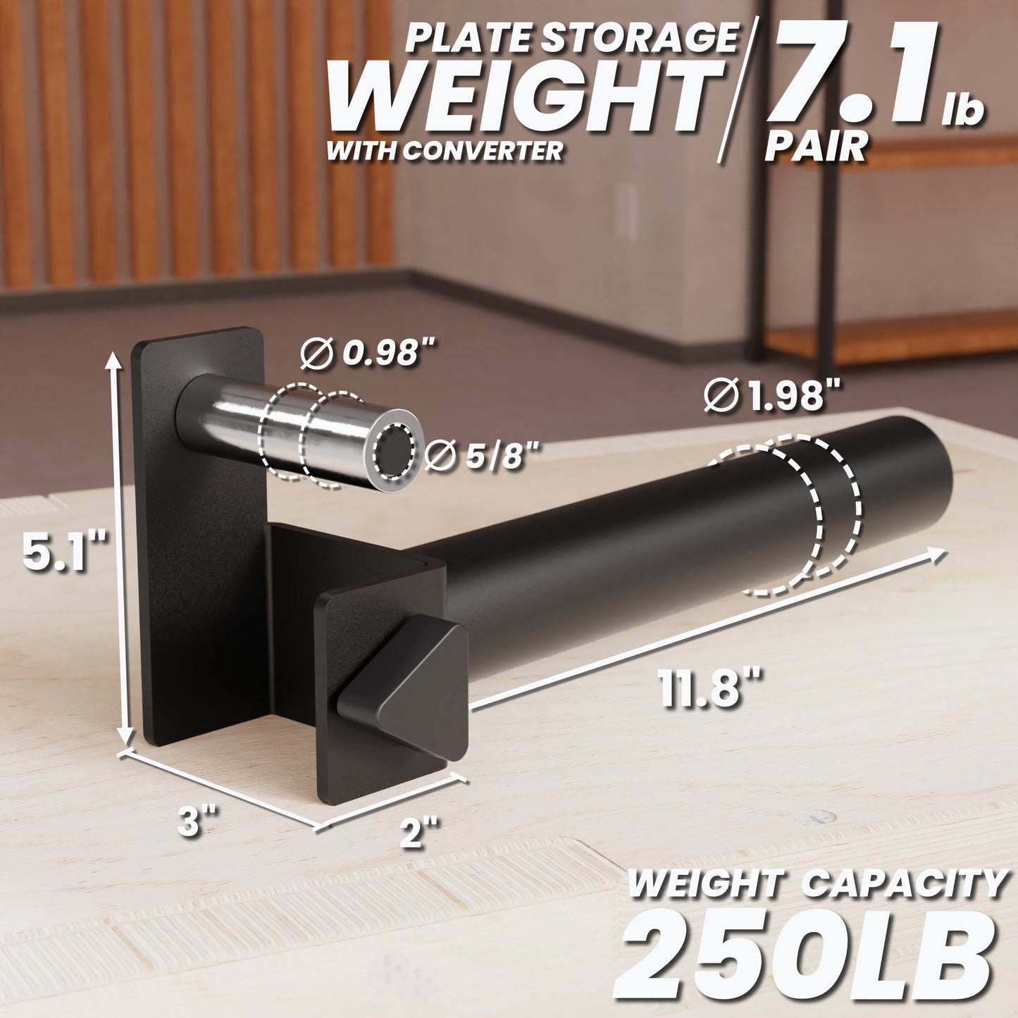 Plate Storage Weight with converter, designed for 250 lb capacity, featuring a sleek black finish.