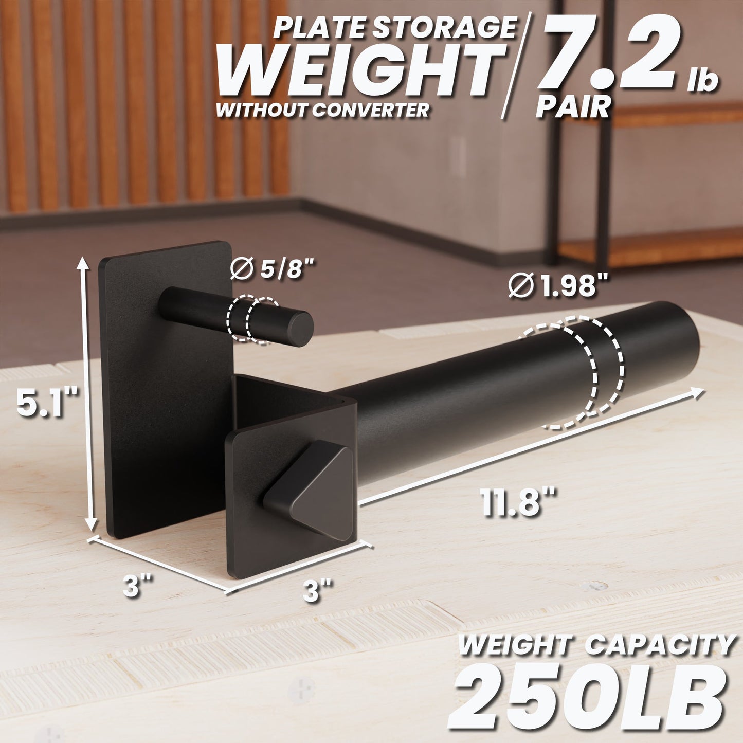 Plate Storage with 250lb weight capacity, featuring a sleek black design and precise dimensions.