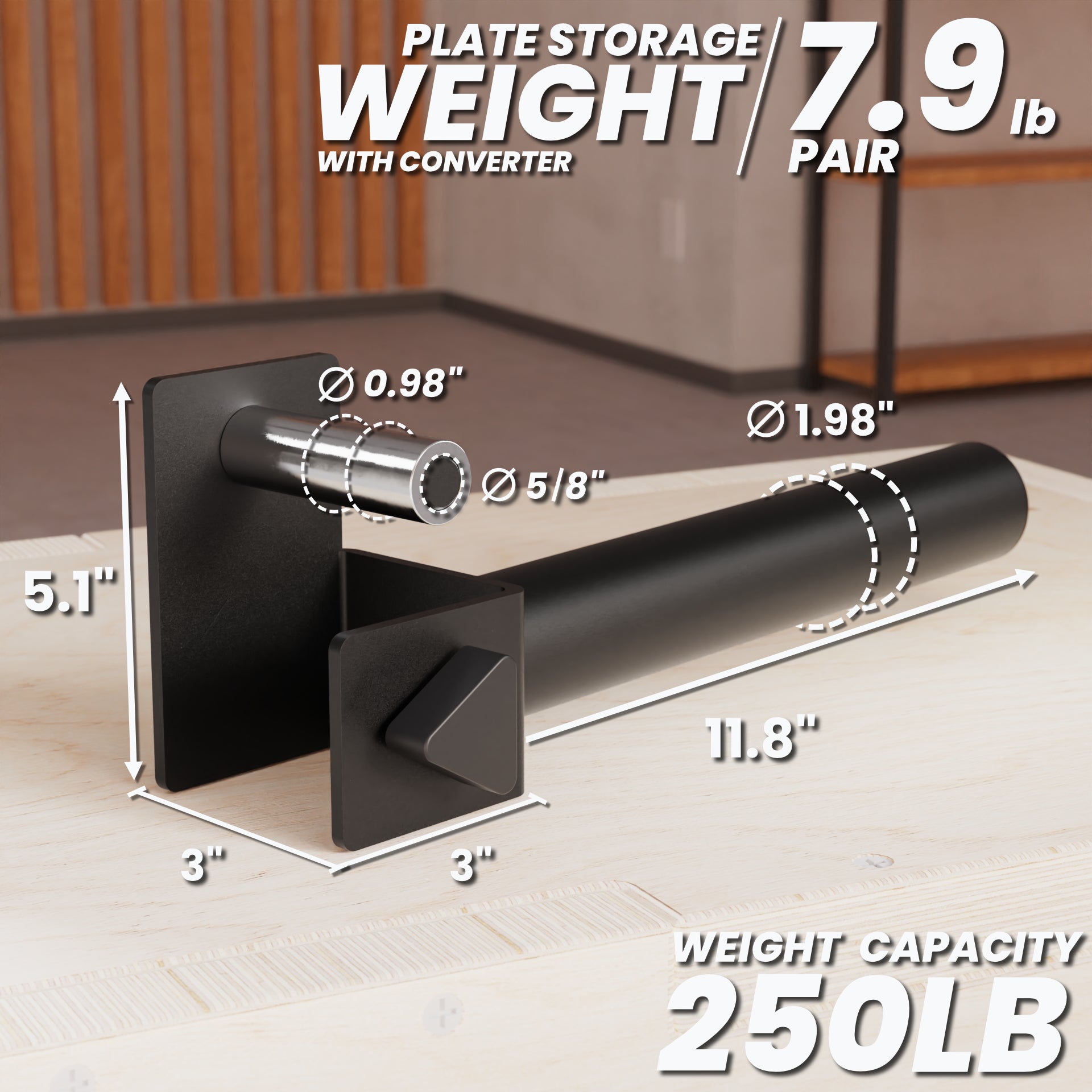 Plate Storage Weight with converter, featuring a sturdy black design and dimensions for optimal weight capacity.