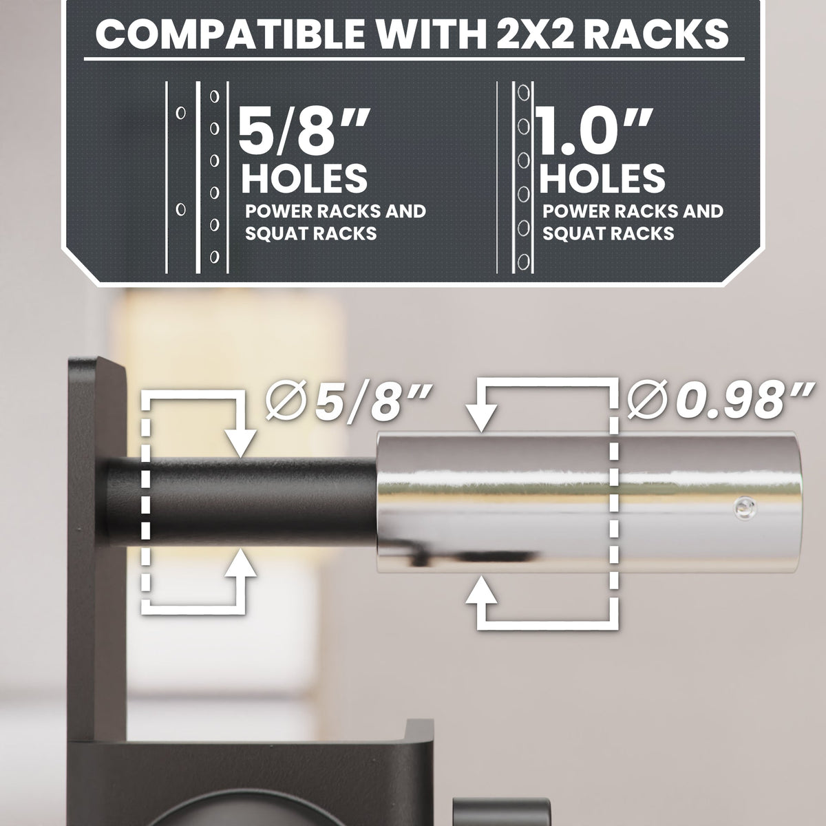 Compatible with 2x2 racks, this attachment features 5/8 and 1.0 holes for power and squat racks.