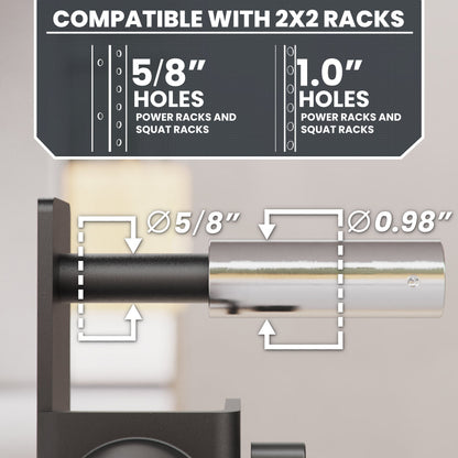 Compatible with 2x2 racks, this attachment features 5/8 and 1.0 holes for power and squat racks.