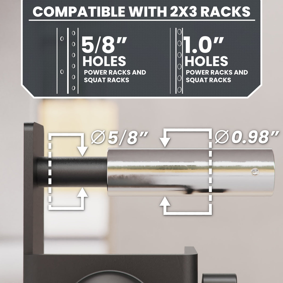 2x3 Rack Compatibility Adapter with 5/8" and 1.0" holes for power and squat racks.