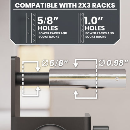 2x3 Rack Compatibility Adapter with 5/8" and 1.0" holes for power and squat racks.