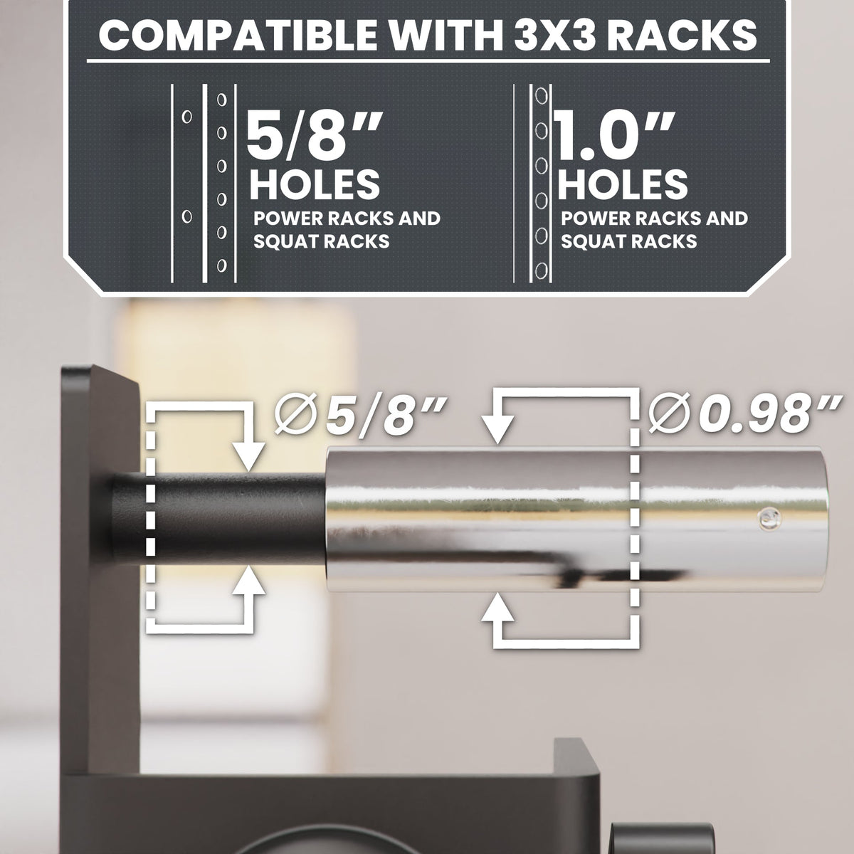 Squat Rack Attachment compatible with 3x3 racks, featuring 5/8" and 1.0" hole sizes for versatile use.