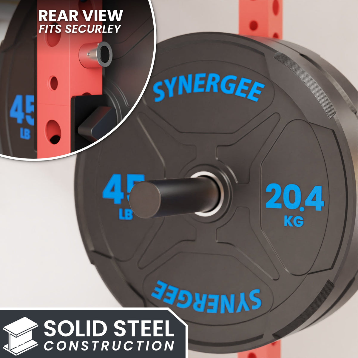 Synergee weight plate with solid steel construction, 45 lb, featuring blue markings and a secure fit.