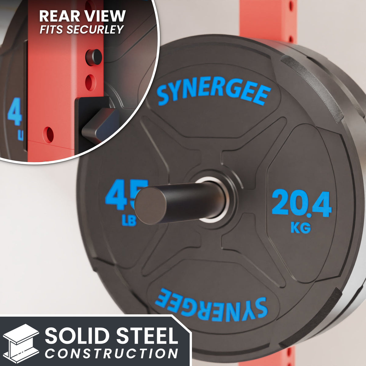 Synergee 45 lb weight plate with blue markings, designed for secure fit on racks.