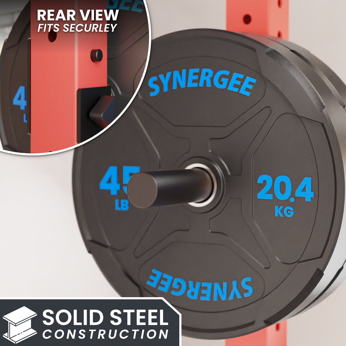 Synergee weight plate with solid steel construction, 45 lb, rear view showing secure fit.