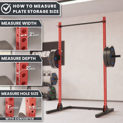 Plate storage size measuring guide for weightlifting rack with red frame and black weights.