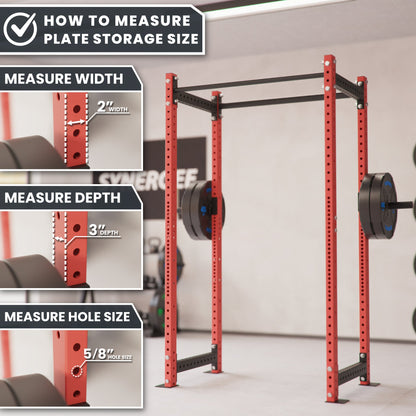 Plate storage size measurement guide for Synergee rack, showing width, depth, and hole size.