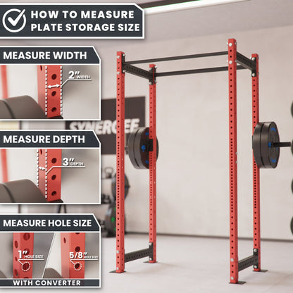 Plate Storage Size Measurement Guide with red rack and measurement details.