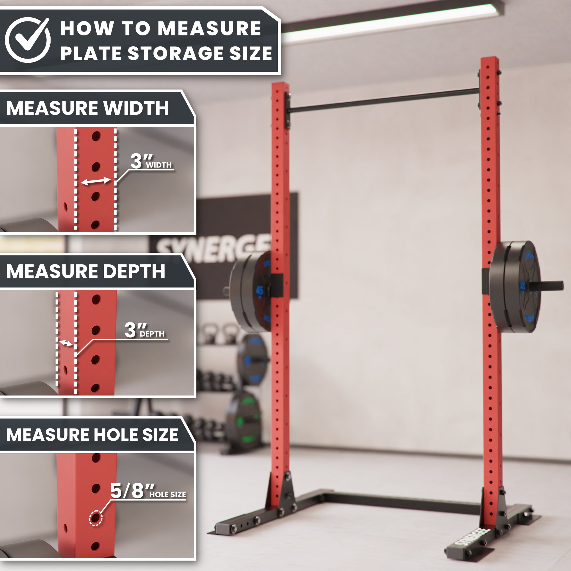Plate storage size measurement guide for Synergy weightlifting rack, showing width, depth, and hole size.
