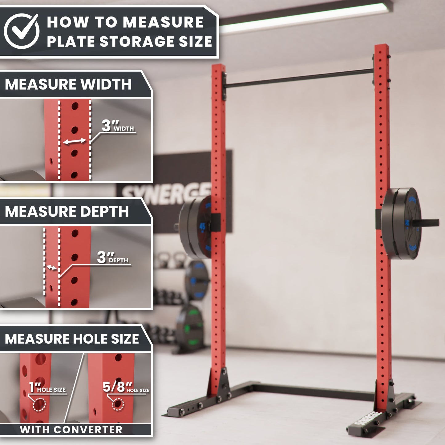 Plate storage size measurement guide for Synergy weight racks, showing width, depth, and hole size.