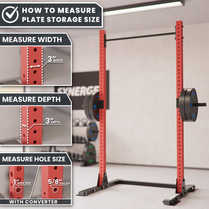 Plate storage size measurement guide for Synergy weight racks, showing width, depth, and hole size.