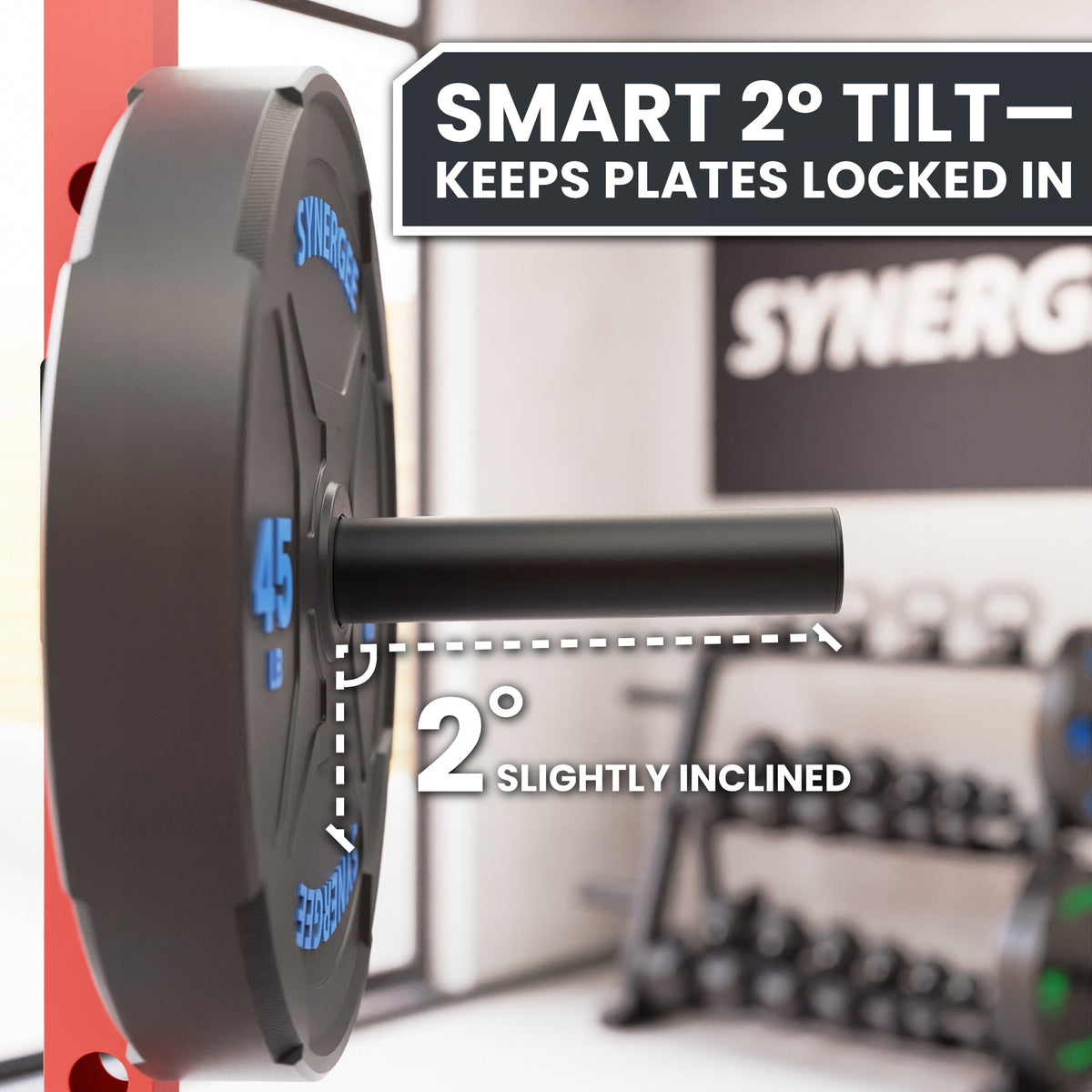 Synergi 45 lb weight plate with smart 2° tilt feature for secure plate locking.