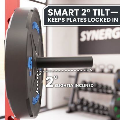 Synergi 45 lb weight plate with smart 2° tilt feature for secure plate locking.