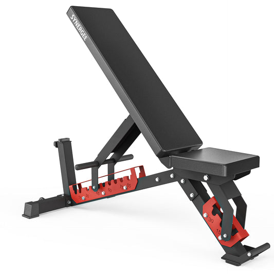 Adjustable weight bench with a black padded surface and red accents for versatile workouts.