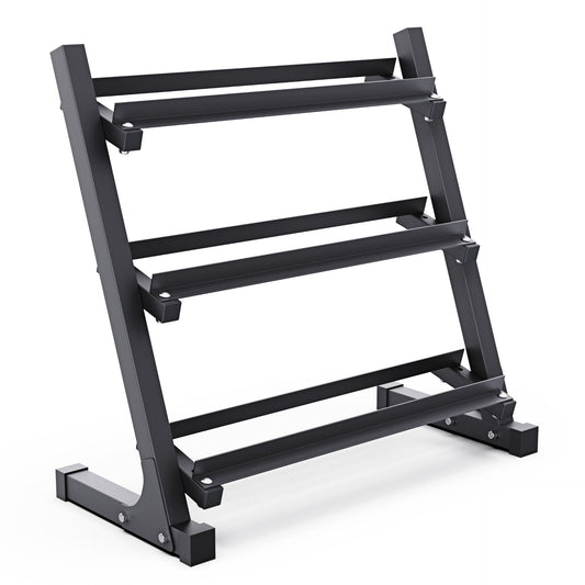 Weight rack with four sturdy shelves for organizing weights and fitness equipment.