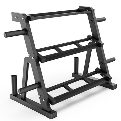 Weight rack for home gym with three tiers and sturdy black frame.