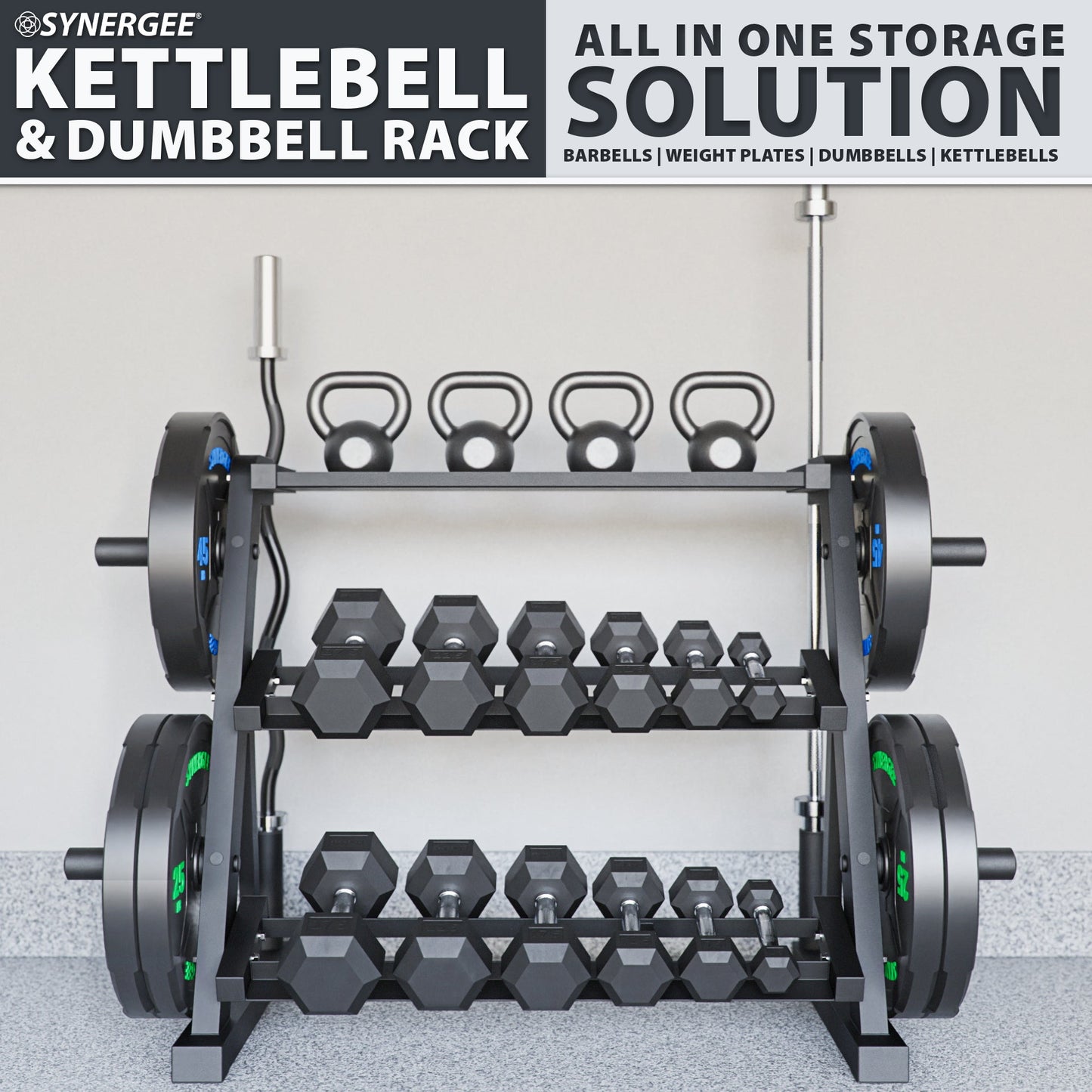 Synergee Kettlebell & Dumbbell Rack featuring multiple kettlebells and dumbbells organized neatly.