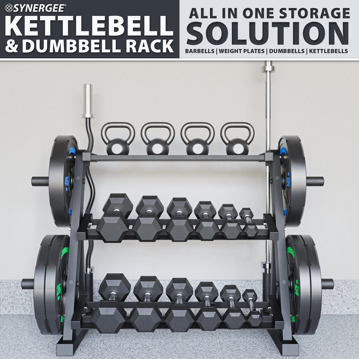 Synergee Kettlebell & Dumbbell Rack featuring multiple kettlebells and dumbbells organized neatly.