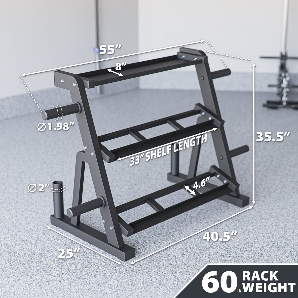 Weight rack with three shelves, measuring 55 inches wide and 35.5 inches tall.