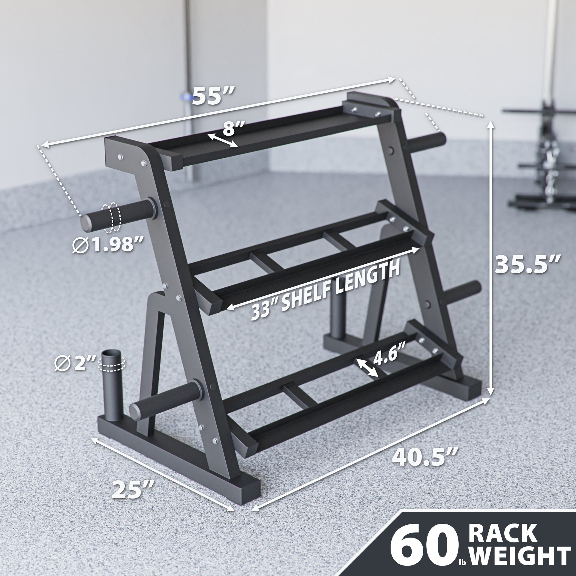 Weight rack with three shelves, measuring 55 inches wide and 35.5 inches tall.