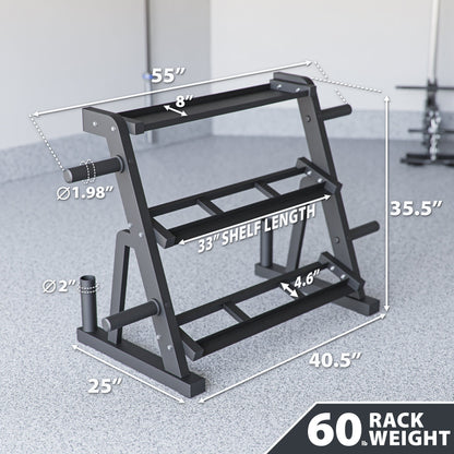Weight rack with three shelves, measuring 55 inches wide and 35.5 inches tall.