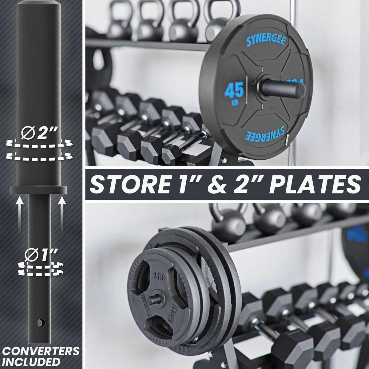 Synergy weight plate storage rack for 1-inch and 2-inch plates, featuring a sturdy design and included converters.