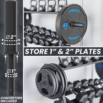 Synergy weight plate storage rack for 1-inch and 2-inch plates, featuring a sturdy design and included converters.