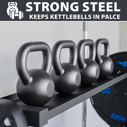 Strong Steel kettlebell rack displaying four kettlebells in a sleek design.