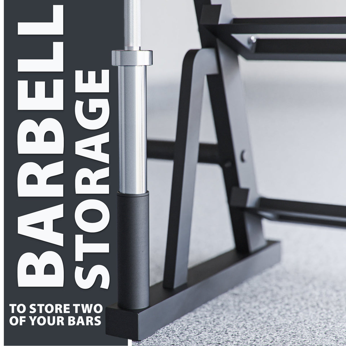 Barbell storage unit designed to hold two bars, featuring a sturdy black frame and chrome accents.