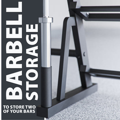 Barbell storage unit designed to hold two bars, featuring a sturdy black frame and chrome accents.