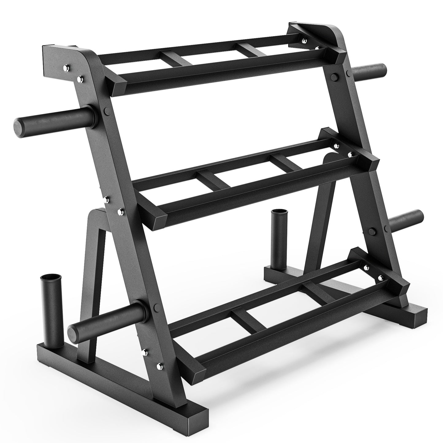 Weight rack for home gym with three tiers and sturdy black frame.