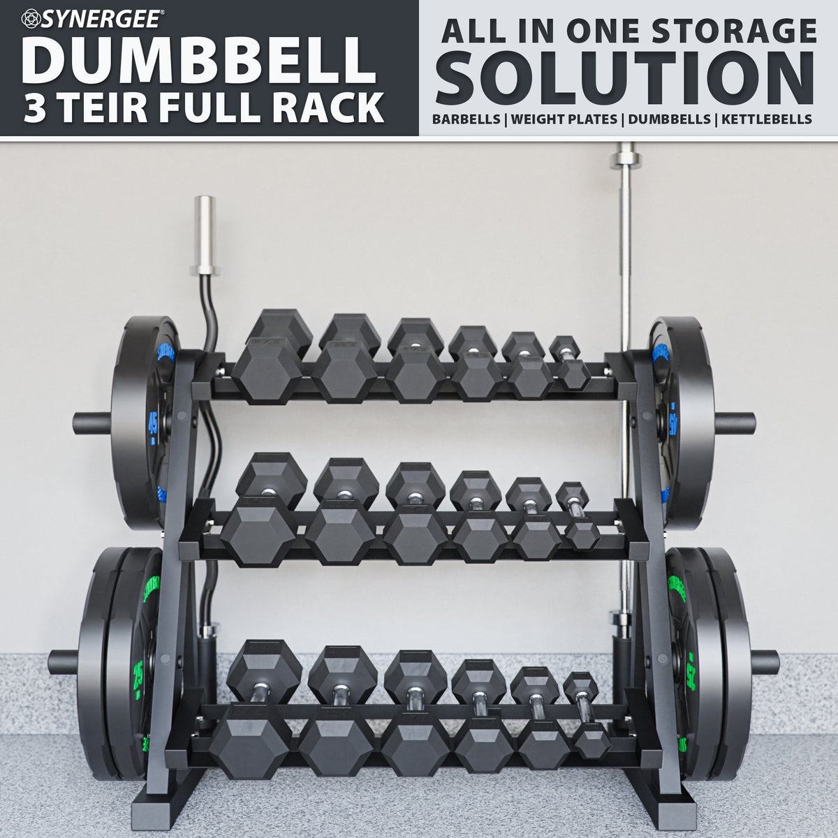 Synergee Dumbbell 3 Tier Full Rack for organized storage of dumbbells and kettlebells.