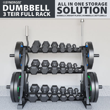 Synergee Dumbbell 3 Tier Full Rack for organized storage of dumbbells and kettlebells.