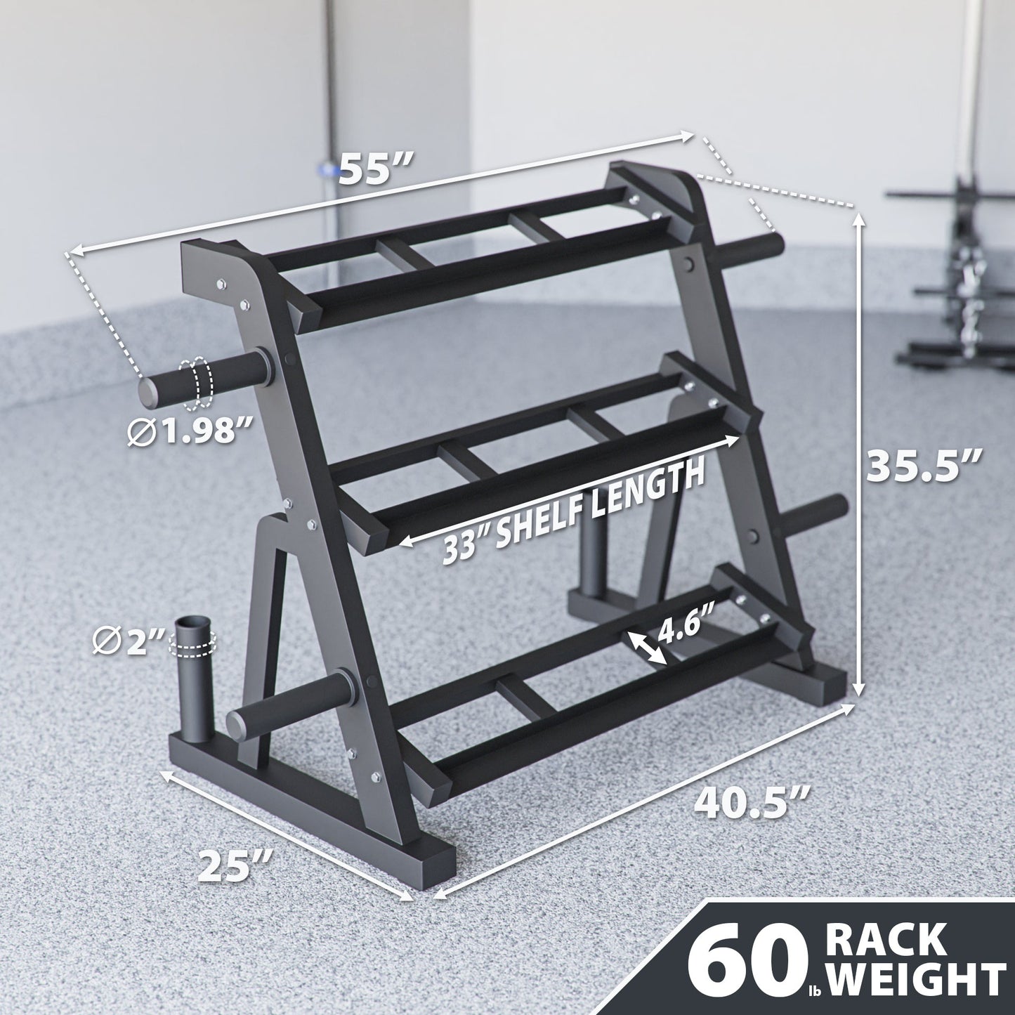 60 Rack weight storage with three shelves, measuring 55 inches wide and 35.5 inches tall.