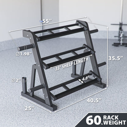60 Rack weight storage with three shelves, measuring 55 inches wide and 35.5 inches tall.