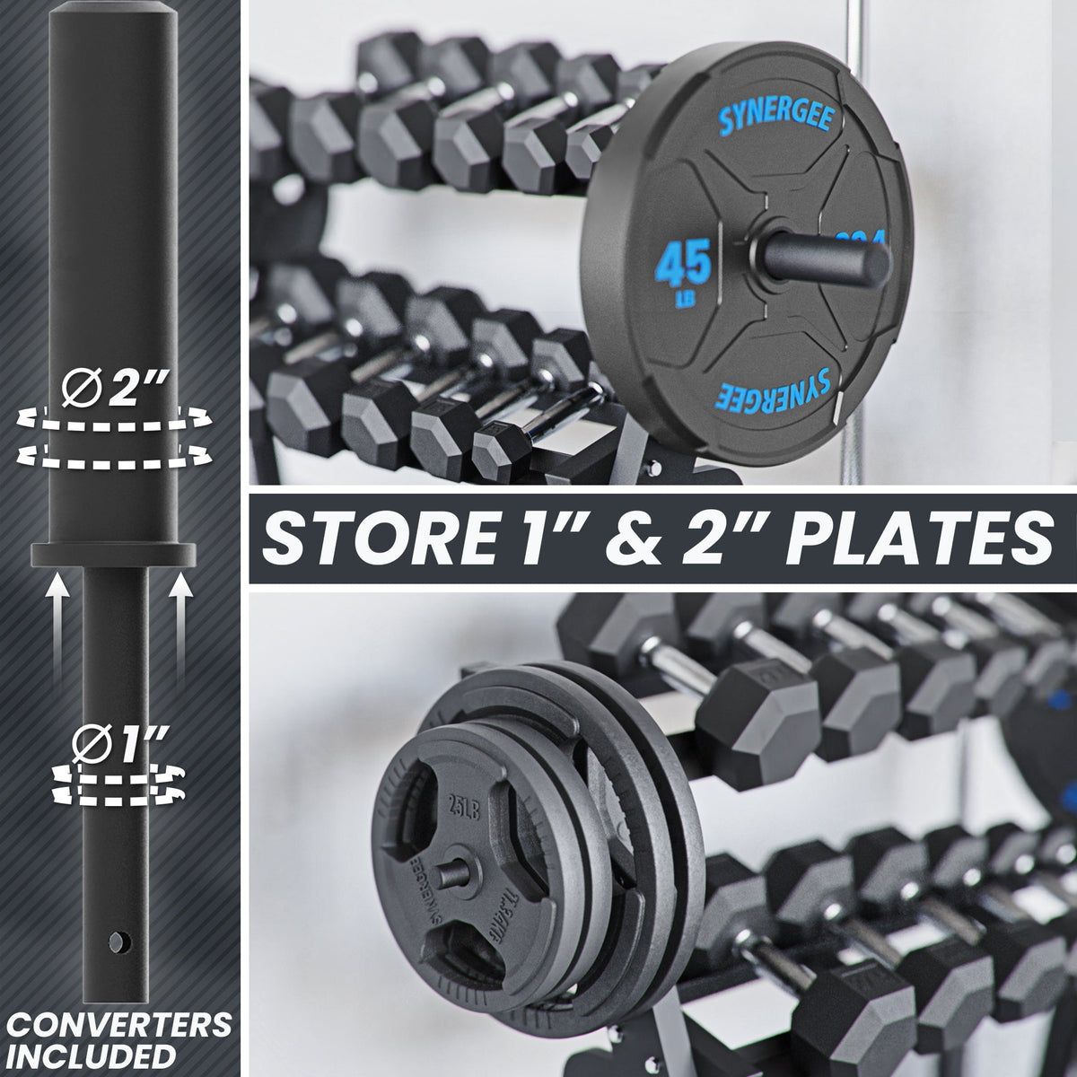 Synergee weight plate storage system for 1-inch and 2-inch plates, featuring durable construction and included converters.