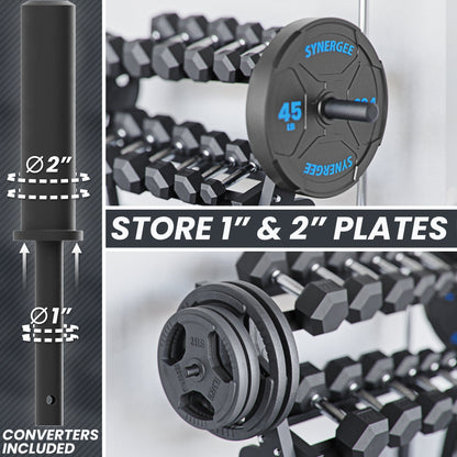 Synergee weight plate storage system for 1-inch and 2-inch plates, featuring durable construction and included converters.
