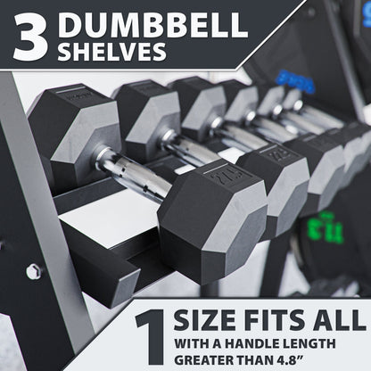 3 Dumbbell Shelves designed for versatile storage, accommodating handles longer than 4.8 inches.