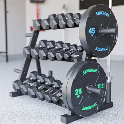 Synergee dumbbell rack with various weights, including 45 lb and 25 lb dumbbells, in a gym setting.