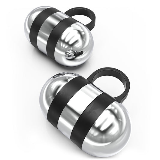 Metallic capsule keychain with black stripes, ideal for storing small items.