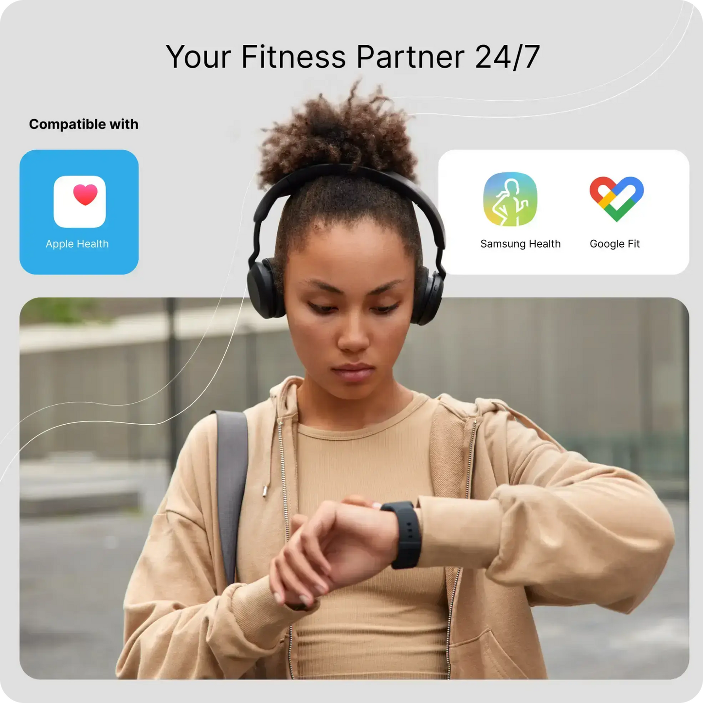 Fitness Partner 24/7 smartwatch with compatibility icons for Apple Health, Samsung Health, and Google Fit.
