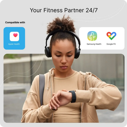 Fitness Partner 24/7 smartwatch with compatibility icons for Apple Health, Samsung Health, and Google Fit.