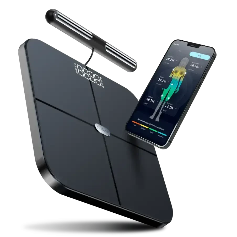 Hume Pod smart scale with a sleek black design and smartphone app displaying body metrics.